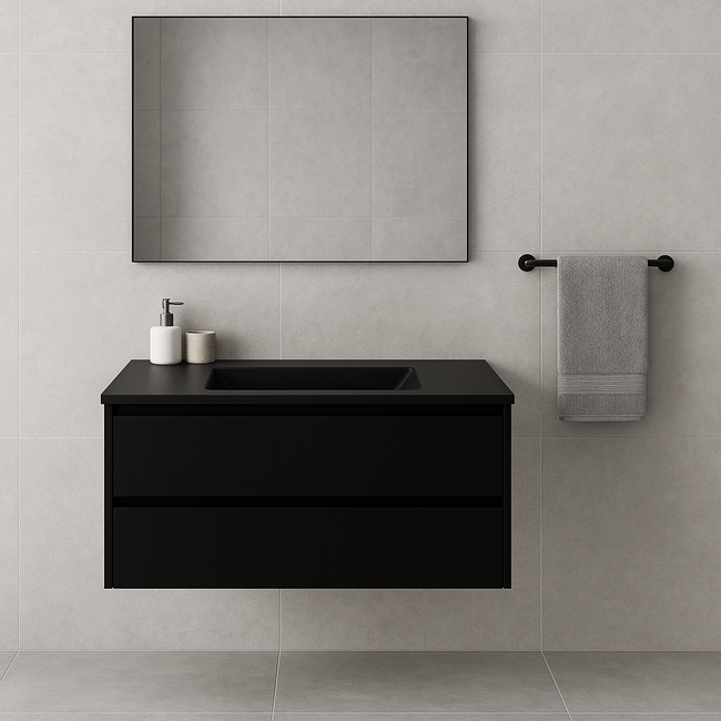 Badkamermeubel Praag met Mat Zwarte Wastafel zonder Kraangat  - 80 cm - Mat Zwart met Houtnerf