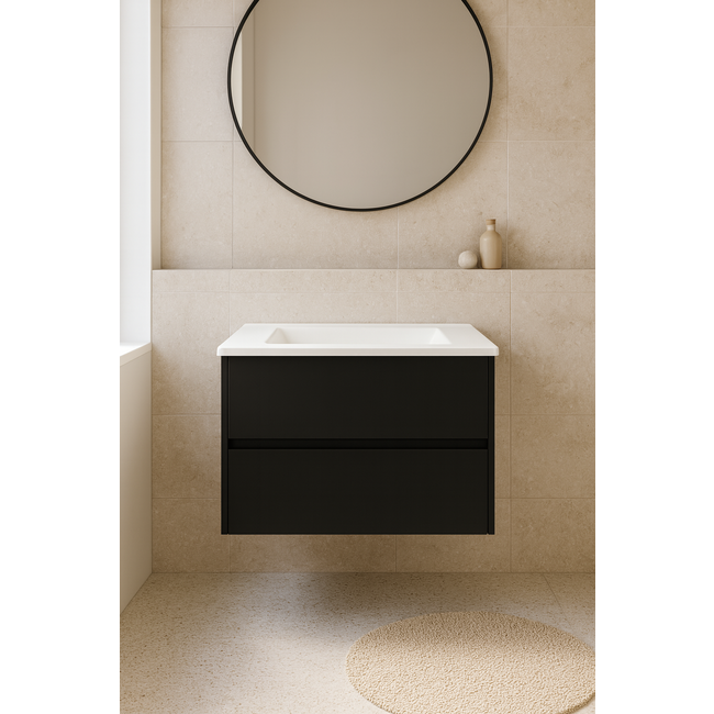 Badkamermeubel Liverpool met Glans Witte Wastafel zonder Kraangat - 60 cm - Mat Zwart