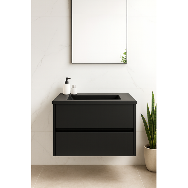 Badkamermeubel Liverpool met Mat Zwarte Wastafel zonder Kraangat - 60 cm - Mat Zwart