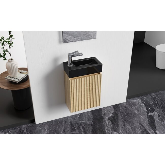 Toiletmeubel met omkeerbaar Zwarte Wastafel - 40 x 50 x 22,3 cm - Licht Eiken