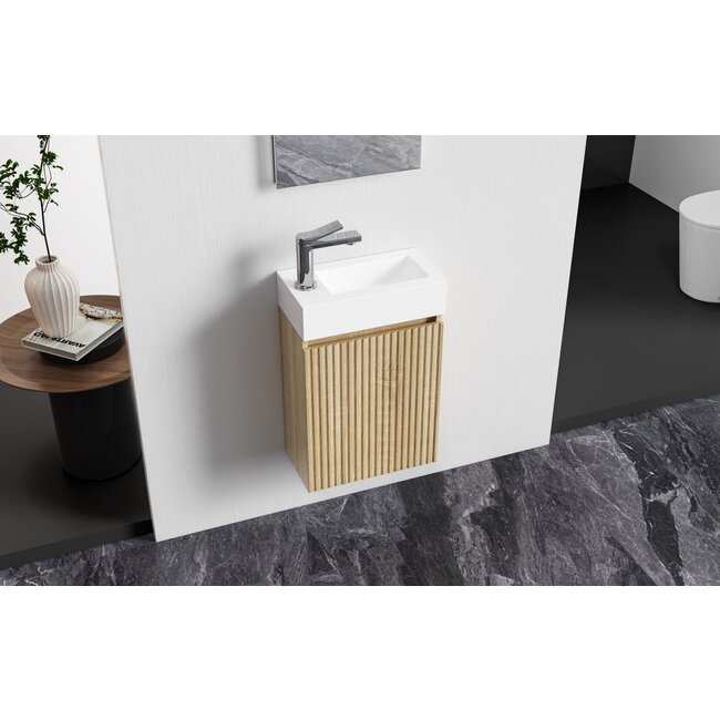 Toiletmeubel met omkeerbaar Witte Wastafel - 40 x 50 x 22,3 cm - Licht Eiken