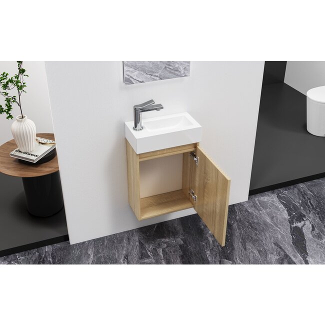 Toiletmeubel met omkeerbaar Witte Wastafel - 40 x 50 x 22,3 cm - Licht Eiken