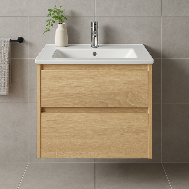 Fabriecio Liverpool badkamermeubel 60 cm natural oak met witte wastafel en kraangat