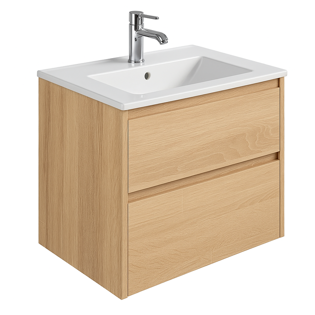 Fabriecio Liverpool badkamermeubel 60 cm natural oak met mat witte wastafel en kraangat
