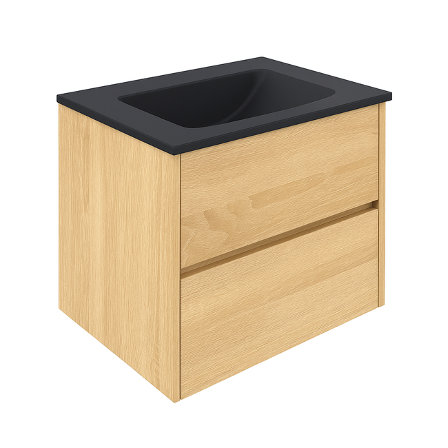 Badkamermeubel Praag met Mat Zwarte Wastafel zonder Kraangat - 60 cm - Natural Oak