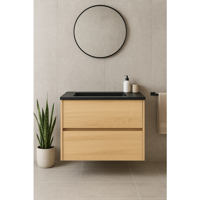 Fabriecio Liverpool badkamermeubel 60 cm natural oak met mat zwarte wastafel zonder kraangat