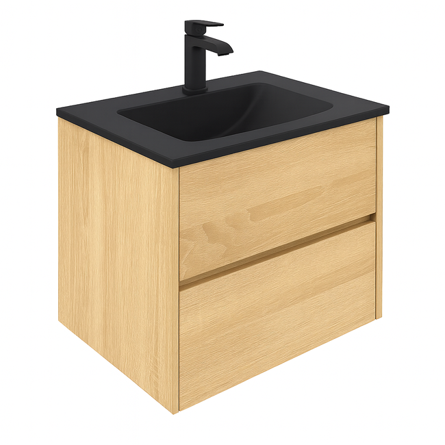 Badkamermeubel Liverpool met Mat Zwarte Wastafel  - 60 cm - Natural Oak