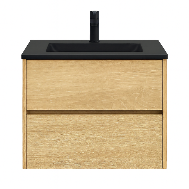 Fabriecio Liverpool badkamermeubel 60 cm natural oak met mat zwarte wastafel en kraangat