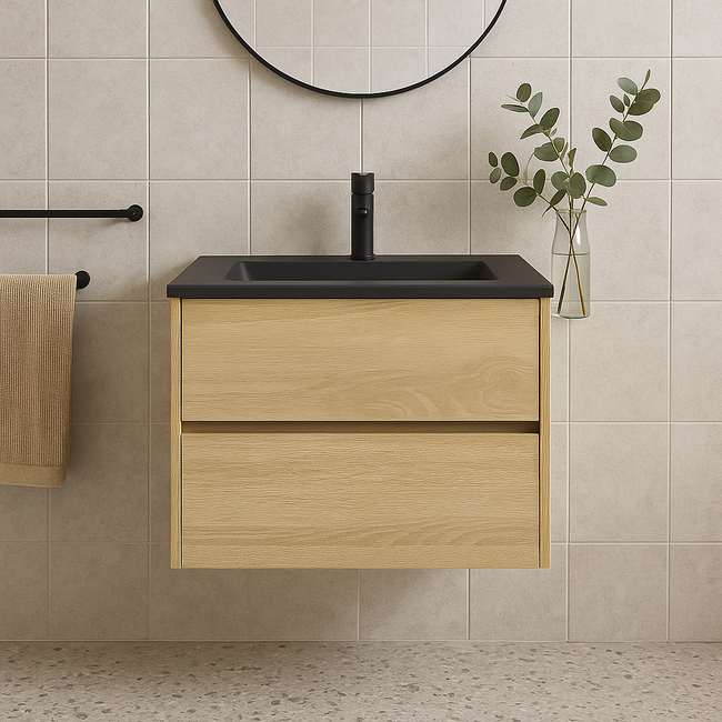 Fabriecio Liverpool badkamermeubel 60 cm natural oak met mat zwarte wastafel en kraangat