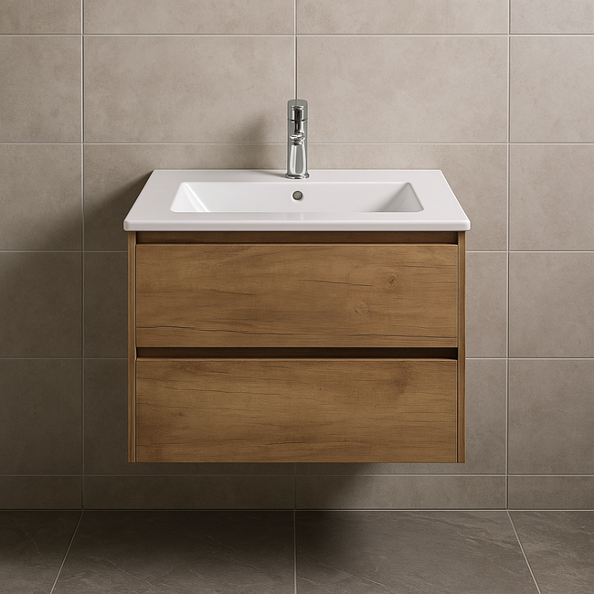 Fabriecio Liverpool badkamermeubel 60 cm eiken met witte wastafel en kraangat