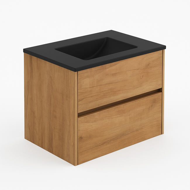 Badkamermeubel Liverpool met Mat Zwarte Wastafel zonder Kraangat - 60 cm - Eiken