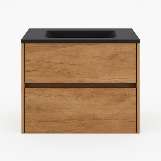 Badkamermeubel Liverpool met Mat Zwarte Wastafel zonder Kraangat - 60 cm - Eiken