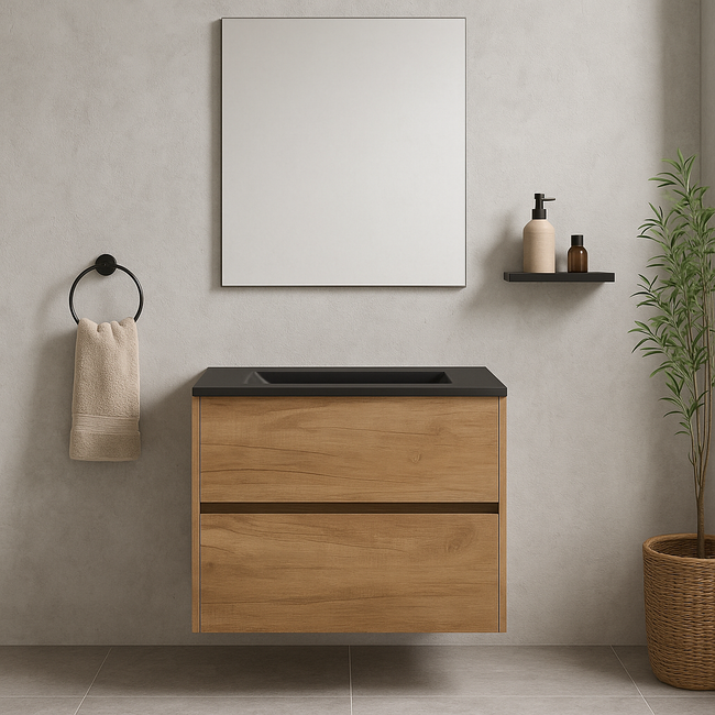 Fabriecio Liverpool badkamermeubel 60 cm eiken met mat zwarte wastafel zonder kraangat