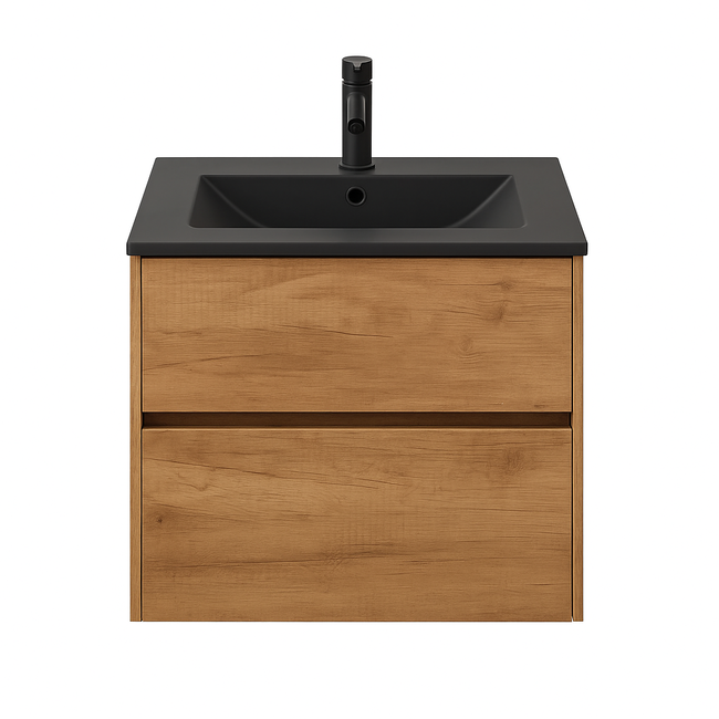 Fabriecio Liverpool badkamermeubel 60 cm eiken met mat zwarte wastafel en kraangat
