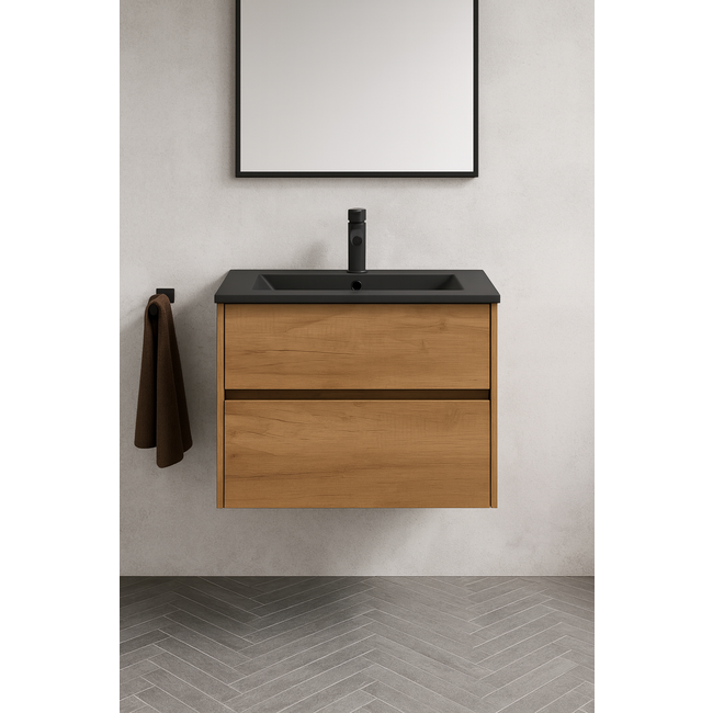 Fabriecio Liverpool badkamermeubel 60 cm eiken met mat zwarte wastafel en kraangat