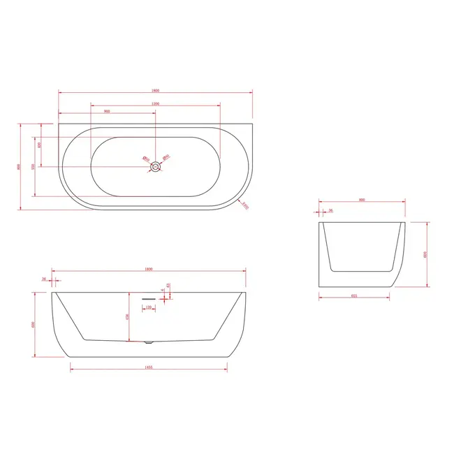 Halfvrijstaand Bad Göteborg - 180x80 cm - Mat Wit - Positie Midden