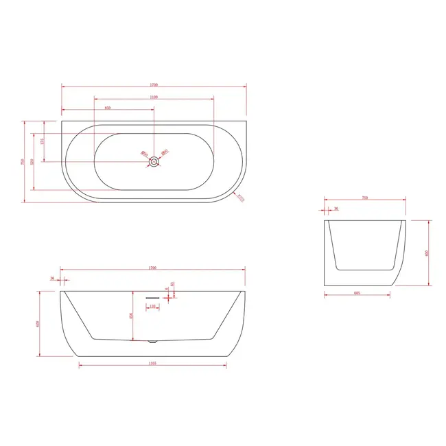 Halfvrijstaand Bad Göteborg - 170x75cm - Mat Wit - Positie Midden