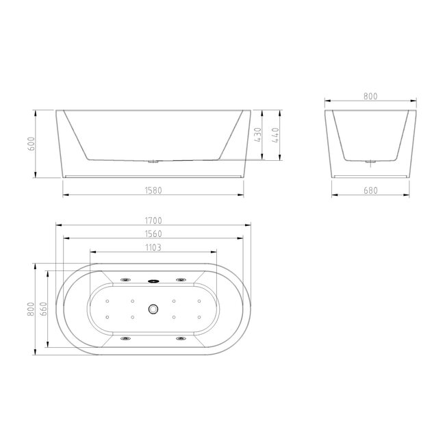 Vrijstaand whirlpool ligbad 170x80 cm acryl glans wit met waste chroom