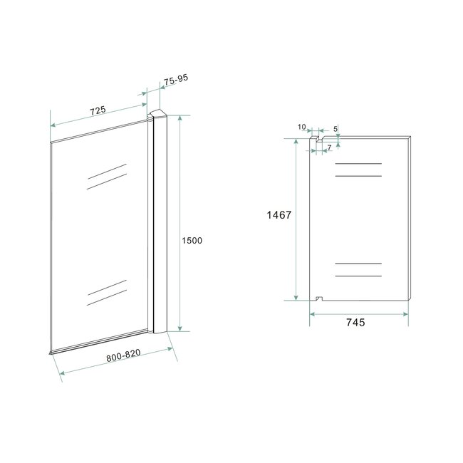 Badwand draaibaar 80x150 x 6 mm nano helder glas/mat zwart