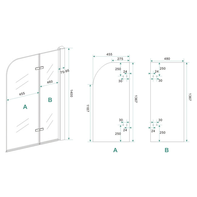 Badwand draaibaar 100 x 140 x  6 mm nano helder glas/chroom