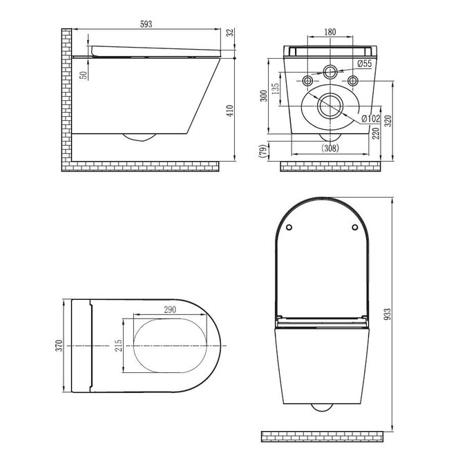 Douche-WC Randloos Wand 59x37 cm – Glans Wit met Afstandsbediening