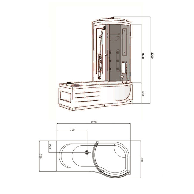 Bad-Douchecombinatie Rechts 170x85 cm – Veiligheidsglas met Jets en Hoofddouche
