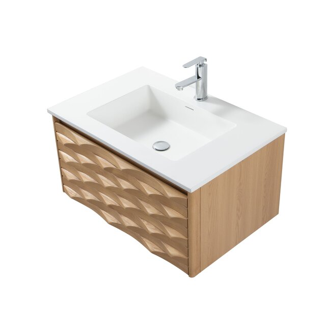 Wastafelmeubel 80 cm – Licht Eiken 3-D met Mat Witte Wastafel