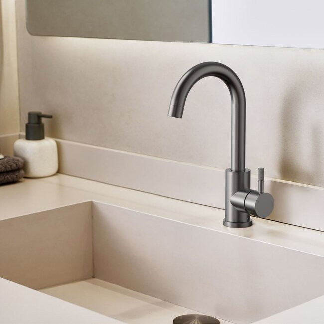 Wastafelmengkraan met Gebogen Draaibare Uitloop - Ribbelhendel – Gun Metal met Cold Start