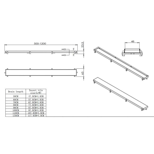 Douchegoot 50 cm met flens en omkeerbaar tegelrooster – Geborsteld RVS