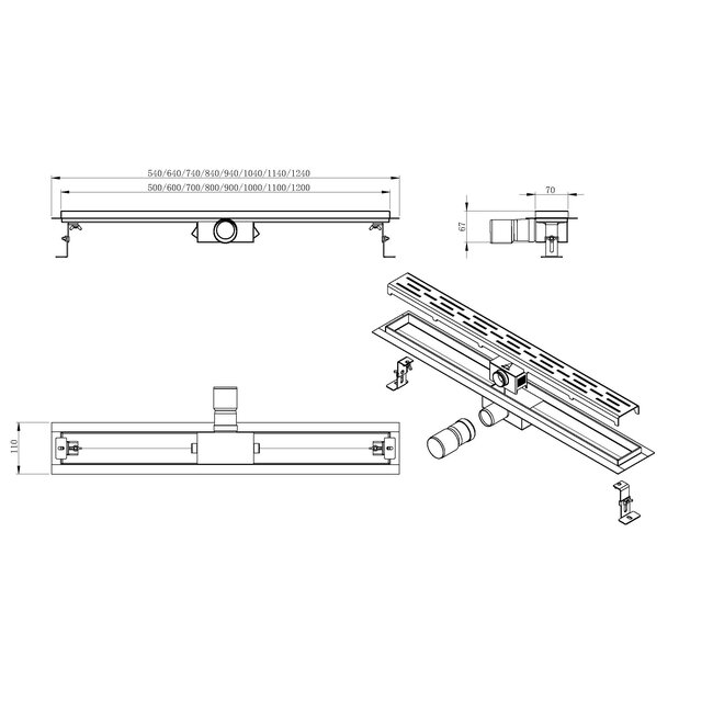 Douchegoot 60 cm met flens en omkeerbaar tegelrooster – Geborsteld RVS