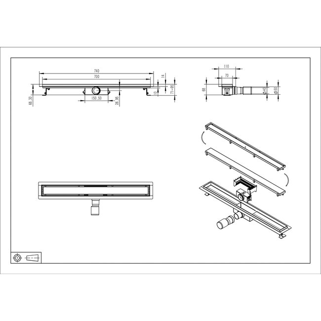 Douchegoot 70 cm met flens en tegelrooster gunmetal PVD