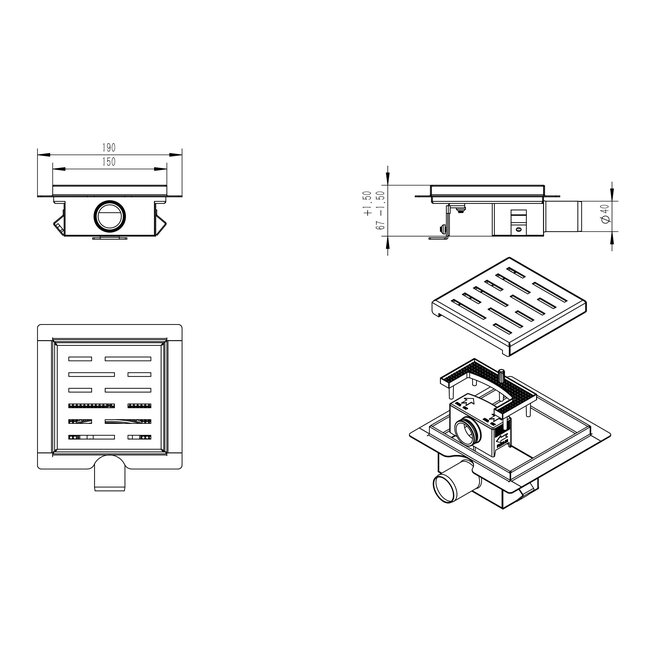 Doucheput 15×15 cm met Flens & Zijuitlaat – Mat Zwart