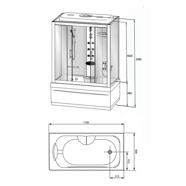Complete Bad-Douche Combinatie 170×90 cm – Met Schuifdeuren, Douchezuil & Massagejets