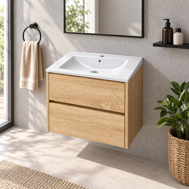 Fabriecio Liverpool badkamermeubel 60 cm natural oak met mat witte wastafel en kraangat