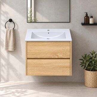 Fabriecio Liverpool badkamermeubel 60 cm natural oak met witte wastafel en kraangat