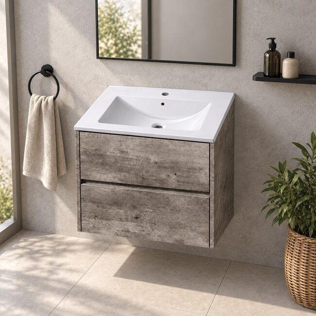 Fabriecio Liverpool badkamermeubel 60 cm steen met mat witte wastafel en kraangat