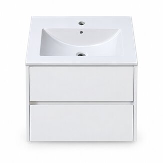 Fabriecio Liverpool badkamermeubel 60 cm hoogglans wit met mat witte wastafel en kraangat