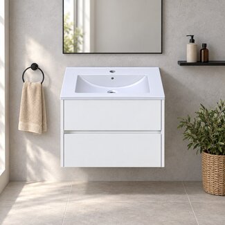 Fabriecio Liverpool badkamermeubel 60 cm hoogglans wit met witte wastafel en kraangat
