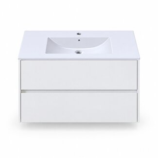 Fabriecio Liverpool badkamermeubel 80 cm hoogglans wit met mat witte wastafel en kraangat