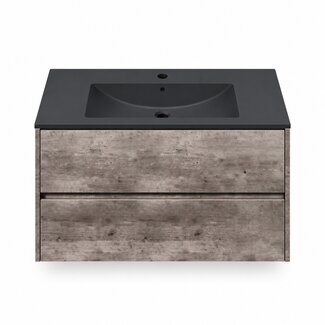 Fabriecio Liverpool badkamermeubel 80 cm steen met mat zwarte wastafel en kraangat