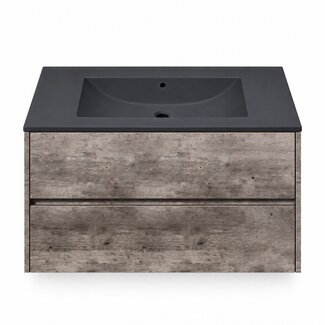 Fabriecio Liverpool badkamermeubel 80 cm steen met mat zwarte wastafel zonder kraangat