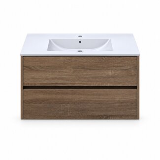Fabriecio Liverpool badkamermeubel 90 cm hout met mat witte wastafel en kraangat