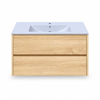 Fabriecio Liverpool badkamermeubel 90 cm natural oak met mat witte wastafel en kraangat