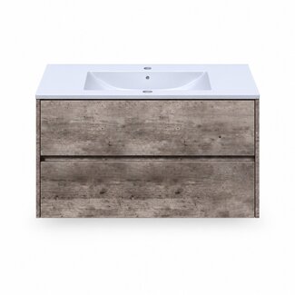 Fabriecio Liverpool badkamermeubel 90 cm steen met mat witte wastafel en kraangat