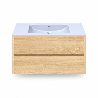 Fabriecio Liverpool badkamermeubel 90 cm natural oak met mat witte wastafel zonder kraangat