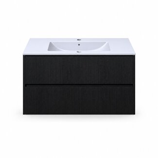 Fabriecio Liverpool badkamermeubel 90 cm zwart met houtnerf met witte wastafel en kraangat