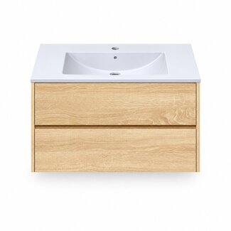 Fabriecio Liverpool badkamermeubel 90 cm natural oak met witte wastafel en kraangat
