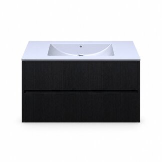 Fabriecio Liverpool badkamermeubel 90 cm zwart met houtnerf met witte wastafel zonder kraangat