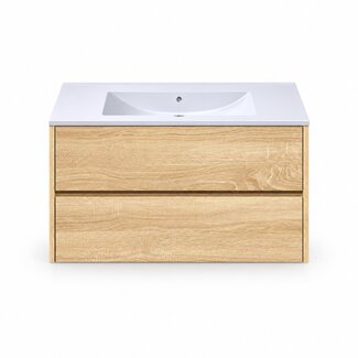 Fabriecio Liverpool badkamermeubel 90 cm natural oak met witte wastafel zonder kraangat