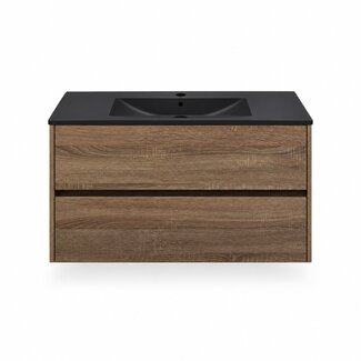 Fabriecio Liverpool badkamermeubel 90 cm hout met mat zwarte wastafel en kraangat